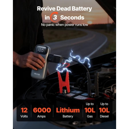 Jump Starter, 6000A Peak, Car Jumper Starter Battery Pack, 12V Portable Lithium Battery Booster, Jump Box Power Bank with 3 Mode