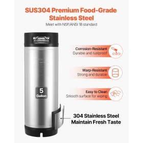 Corny Keg, 5 Gallon Ball Lock Keg, SUS304 Cold Brew Kegs with Dual Rubber Handles & Heavy-Duty Rubber Bottom, Brewing Equipment 