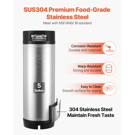 Corny Keg, 5 Gallon Ball Lock Keg, SUS304 Cold Brew Kegs with Dual Rubber Handles & Heavy-Duty Rubber Bottom, Brewing Equipment 