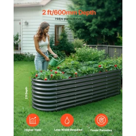 Metal Raised Garden Bed, 2.4 x 0.6 x 0.6 m Oval Outdoor Galvanized Planter Garden Box, Open Bottom Design, Large Planter Raised 