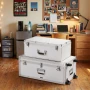 Metal Storage Trunk, Set of 2, Wooden Suitcase Storage Boxes with Padlocks, Large Trunk Includes Casters and 3 Metal Handles, De