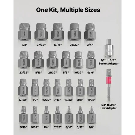 Screw Extractor Set, 27 Pieces Hex Head Multi-Spline Easy Out Bolt Extractor Tool, with Adapters, Solid Storage Case, Cr-Mo Stee