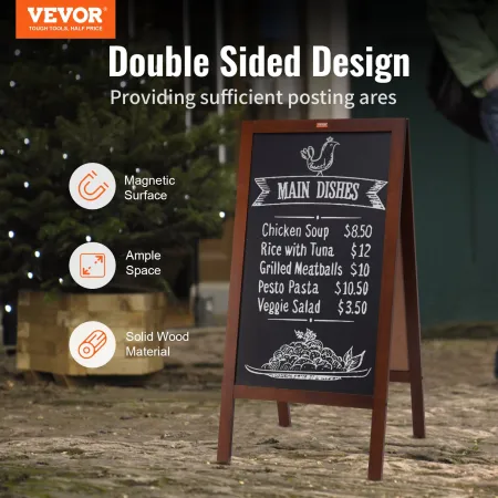 A Frame Chalkboard Sign, Double-Sided Sidewalk Signs, Freestanding Vintage Wooden Chalk Board with Chalks & Magnetic Eraser, Rus