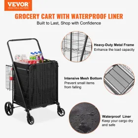 Folding Shopping Cart with Removable Waterproof Liner, 330LBS Large Capacity Jumbo Grocery Cart with Dual Basket, 360Â° Swivel