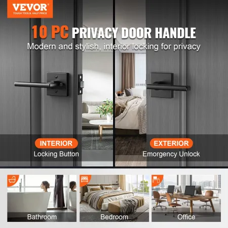 Privacy Door Handle, 10 Pack Matte Black Door Lever, Left or Right Handing Reversible Lever with Keyless Lock, 45° Rotation to O