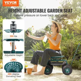 Garden Cart Rolling Workseat with Wheels, Gardening Stool for Planting, 360 Degree Swivel Seat, Wagon Scooter with Steering Hand