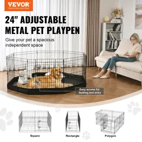 Dog Playpen, 8 paneler sammenfoldelig metalhundøvelse med bundpude, 24 "H Pet Fence Puppy Crate Kennel med malet stakes,