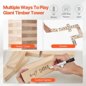 Tumbling Timber Toy 60 Blocks Giant Tumble Tower Blocks Game Pine Wood Bag