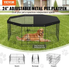 Dog Playpen, 8 Panels Foldable Metal Dog Exercise Pen with Top Cover, 24" H Pet Fence Puppy Crate Kennel with Ground Stakes,