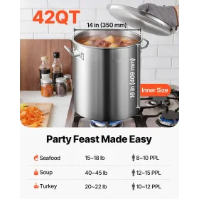 Rustfrit stålbestand, 42 kvart store kogegryder, kogegrynspotte med sil, låg og håndtag, kraftig kommerciel