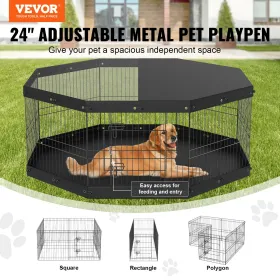 Dog Playpen, 8 paneler sammenfoldelig metalhundøvelsespen med topdæksel og bundpude, 24 "H Pet Fence Puppy Crate Kennel, Indoor