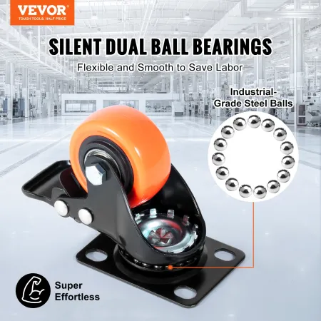 Caster Wheels, 5.1 cm Swivel Plate Casters, Set of 4, with Security Dual Locking No Noise PVC Wheels, Heavy Duty 68 kg Load Capa