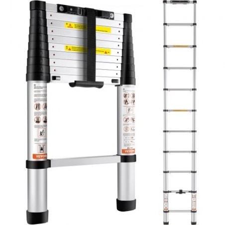 Telescoping Ladder, 10.5 FT Aluminum One-button Retraction Collapsible Extension Ladder, 375 LBS Capacity w/ Non-slip Feet,