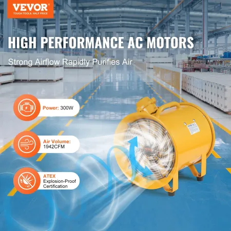 Portable Ventilator, 254mm Heavy Duty Cylinder Fan, 300W Strong Shop Exhaust Fan 1942CFM, 3m Power Cord (No charging head), Indu