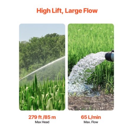 Deep Well Submersible Pump Stainless Steel Water Pump 1100W Input Power, 279ft Maximum Lift, 65l/min Flow Rate With External