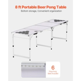 2.4 m Portable Beer Pong Tailgate Table Party Game Cup Holes Pong Balls