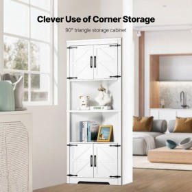 68" Corner Storage Cabinet with 4 Wooden Doors & Adjustable Shelves White