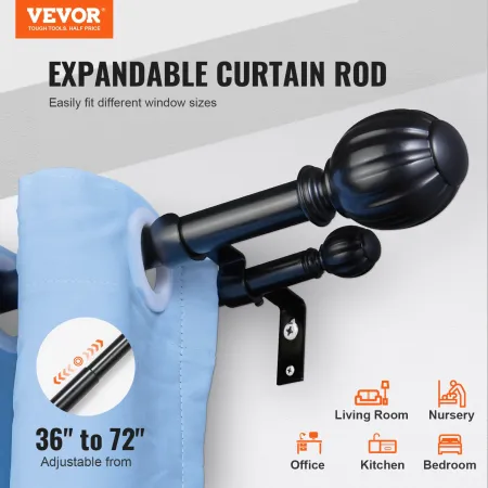 Double Rod Curtain Rods, 91.4-182.9 cm Adjustable Length, Black Double Curtain Rods with Round Finials, 2.5 cm and 1.9 cm Diamet