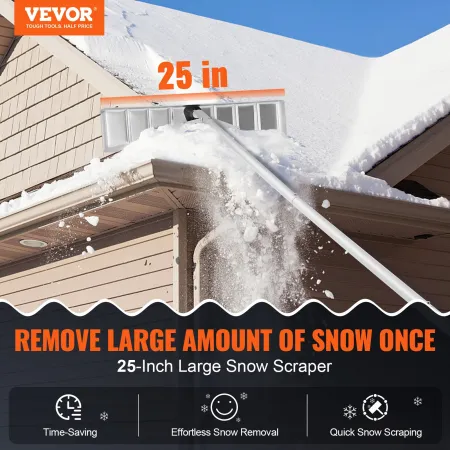 Snow Roof Rake, 63.5 cm Blade Snow Removal Tool, 640.1 cm Reach Aluminium Roof Shovel, Roll Wheels for Roof Protection, Anti-Sli