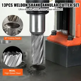 Annular Cutter Set, 13 pcs Weldon Shank Mag Drill Bits, 1" Cutting Depth, 7/16" to 1-1/16" Cutting Diameter, M2AL HSS, 2 Pilot