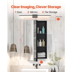 Medicine Cabinet 14" x 24" Mirror Medicine Cabinet Adjustable Shelves