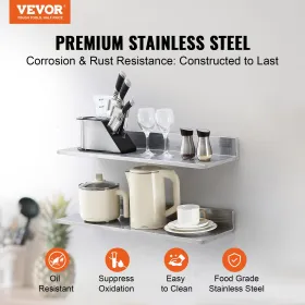 8.6" x 30" Stainless Steel Shelf, Wall Mounted Floating Shelving with Backsplash, 44 lbs Load Capacity Commercial Shelves,
