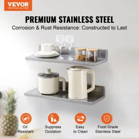 8.6" x 24" Stainless Steel Shelf, Wall Mounted Floating Shelving with Backsplash, 44 lbs Load Capacity Commercial Shelves,