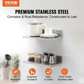 8.6" x 16" Stainless Steel Shelf, Wall Mounted Floating Shelving with Backsplash, 44 lbs Load Capacity Commercial Shelves,