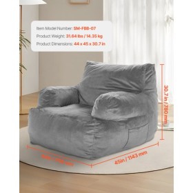 Bean Bag Chair BeanBag Sofa Chair with Armrests for Adults Plush Grey