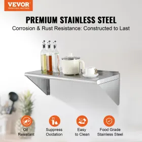12" x 36" Stainless Steel Shelf, Wall Mounted Floating Shelving with Brackets, 250 lbs Load Capacity Commercial Shelves, Heavy