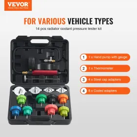 14 pcs Universal Radiator Pressure Tester Kit, Coolant Pressure Tester Kit with Manual Pump and Color-coded Steel Test Cap