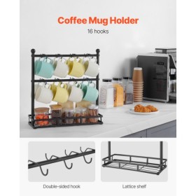 Coffee Mug Holder for Countertop 16 Hooks Cup Rack with Storage Base