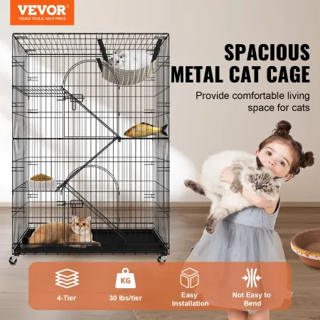 Catio, 4-Tier Large Cat Cages Indoor, Detachable Metal Playpen Enclosure with 360° Rotating Casters, with 3 Ladders and a Hammoc