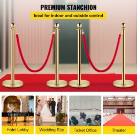 Set of 2 Gold Round Top Queue Control Barrier Posts Stands Security Stanchion Rope Divider with 1.5M Red Rope Crowd Control