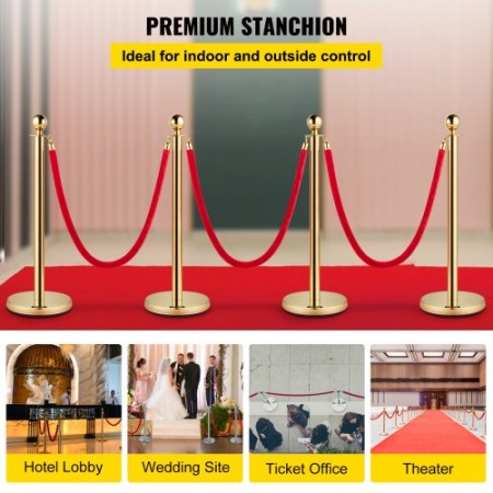 Set of 2 Gold Round Top Queue Control Barrier Posts Stands Security Stanchion Rope Divider Stainless Steel with 1.5M Red 3