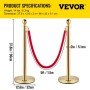 Set of 2 Gold Round Top Queue Control Barrier Posts Stands Security Stanchion Rope Divider Stainless Steel with 1.5M Red 3