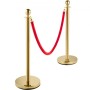 Set of 2 Gold Round Top Queue Control Barrier Posts Stands Security Stanchion Rope Divider Stainless Steel with 1.5M Red 3