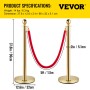 Set of 2 Gold Round Top Queue Control Barrier Posts Stands Security Stanchion Rope Divider Stainless Steel with 1.5M Red 3