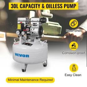 Vertical Air Compressor 6.6 Gallon Ultra Quiet Oil-free Air Compressor 30L Tank Silent Air Compressor 850W Oil free Compressor