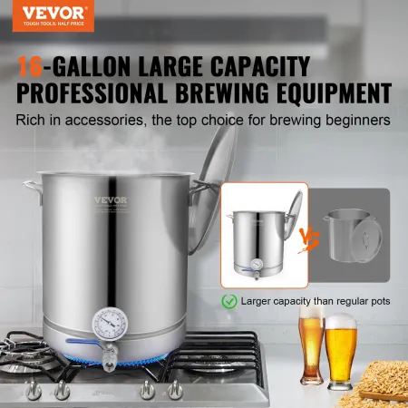Stainless Steel Kettle, 60.6 L Brewing Pot, Tri Ply Bottom for Beer, Brew Kettle Pot, Home Brewing Supplies Includes Lid, Handle
