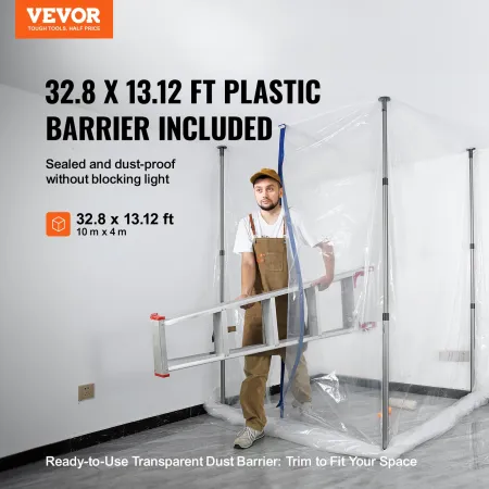 Dust Barrier Poles, 304.8 cm Barrier Poles, Dust Barrier System with 4 Telescoping Poles, Magnetic Zipper, Carry Bag and 999.7x3