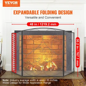 Fireplace Screen 3 Panel, Sturdy Iron Mesh Fireplace Screen, 122(L)x76.7(H)CM Spark Guard Cover, No Assembly Required, Free