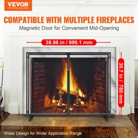 Fireplace Screen 1 Panel with Door, Sturdy Iron Mesh Fireplace Screen, 990(L) x780(H)MM Spark Guard Cover, Simple Installation,