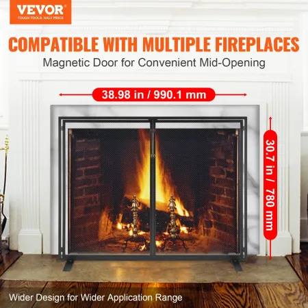 Fireplace Screen 1 Panel with Door, Sturdy Iron Mesh Fireplace Screen, 990(L) x780(H)MM Spark Guard Cover, Simple Installation, 