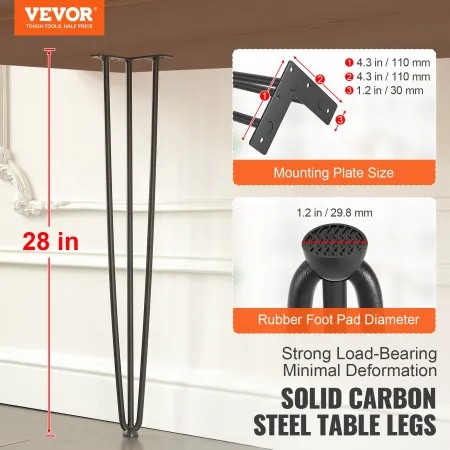 Hairpin Table Legs 0.7M, Set of 4 Desk Legs 408.2KG Load Capacity, Hairpin Desk Legs 3 Rods for Desk Chairs Bench Dining End Tab