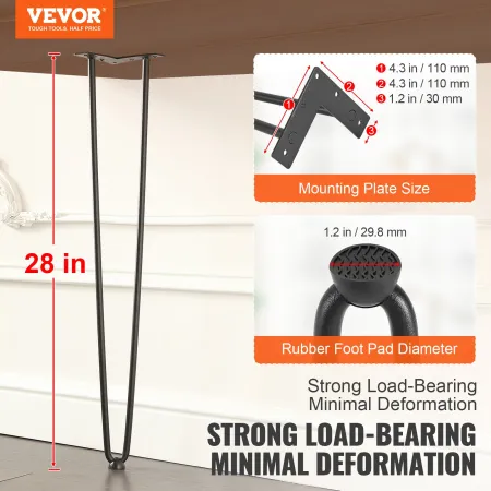 711.2MM Hairpin Furniture Legs, Metal Home DIY Projects for Nightstand, Coffee Table, Desk, 226.8KG Load Capacity with Rubber Fl
