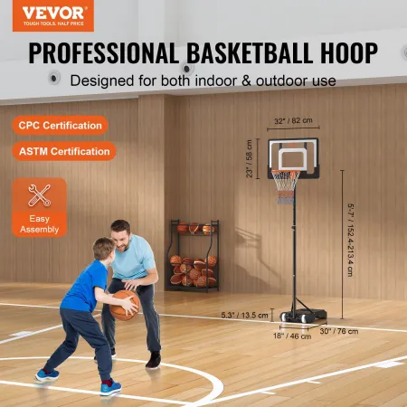 Basketball Hoop, 5-7 ft Adjustable Height Portable Backboard System, 32 inch Basketball Hoop & Goal, Kids & Adults Basketball Se