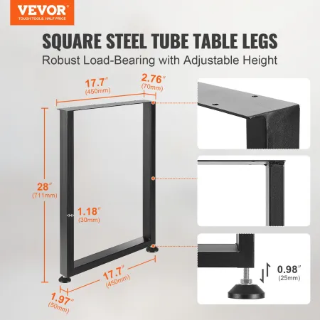 711.2MM Adjustable Furniture Legs, Square Reinforced Steel Office Table legs Set of 2 for DIY, Max Load 453.6KG Heavy Duty Desk 