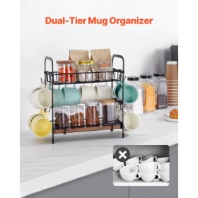 2 Tier Coffee Bar Organizer for Countertop w/ 12 Movable Hooks Mug Holder
