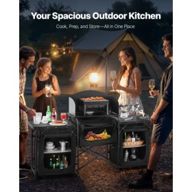 Camping Kitchen Table Portable Outdoor Cook Station Windshield Cupboards